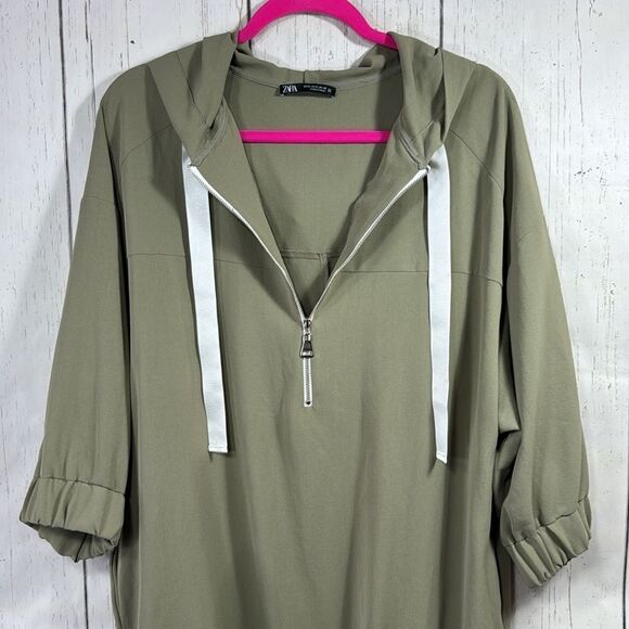Zara Olive Green Oversized Hoodie Dress with Half Zip Size M Streetwear Edgy - Picture 5 of 16